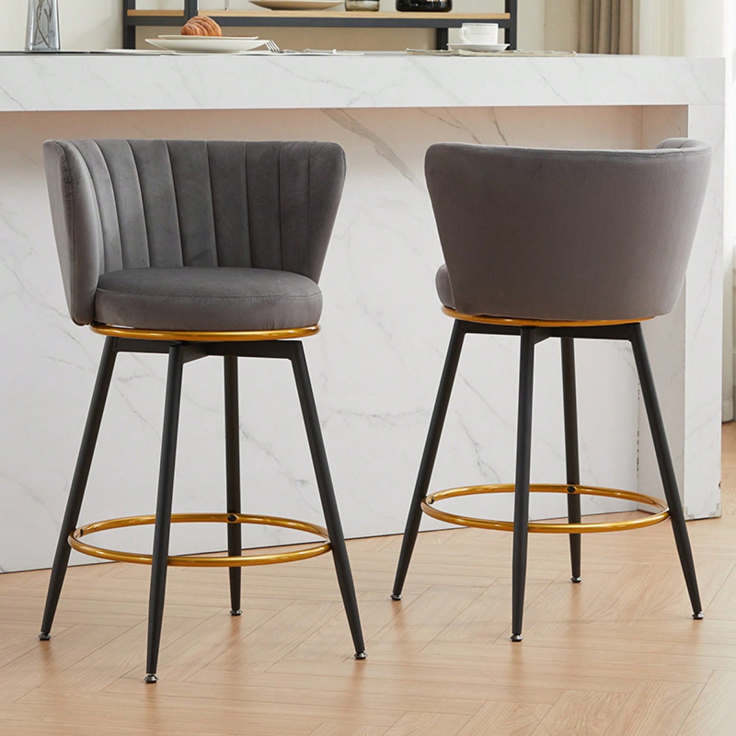 360° Swivel Upholstered Counter Height Bar Stools Set Of 2 With Backs Metal Legs Velvet Fabric And Gold Footrest 26 Inch Seat Height