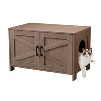 Stylish Wooden Cat Litter Box Enclosure With Barn Door Hidden Washroom Furniture Greige Finish End Table Fits Most Litter Boxes