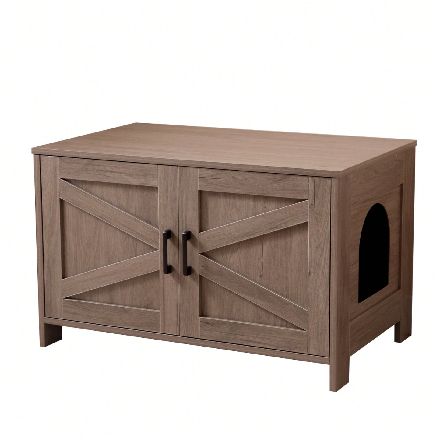 Stylish Wooden Cat Litter Box Enclosure With Barn Door Hidden Washroom Furniture Greige Finish End Table Fits Most Litter Boxes