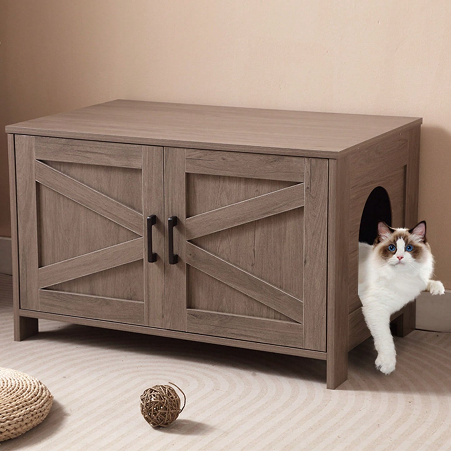 Stylish Wooden Cat Litter Box Enclosure With Barn Door Hidden Washroom Furniture Greige Finish End Table Fits Most Litter Boxes