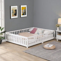 Natural Pine Wood Queen Size Floor Bed With Safety Fence Ideal For Kids