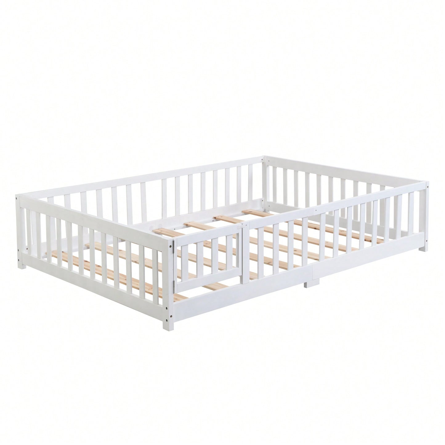 Natural Pine Wood Queen Size Floor Bed With Safety Fence Ideal For Kids