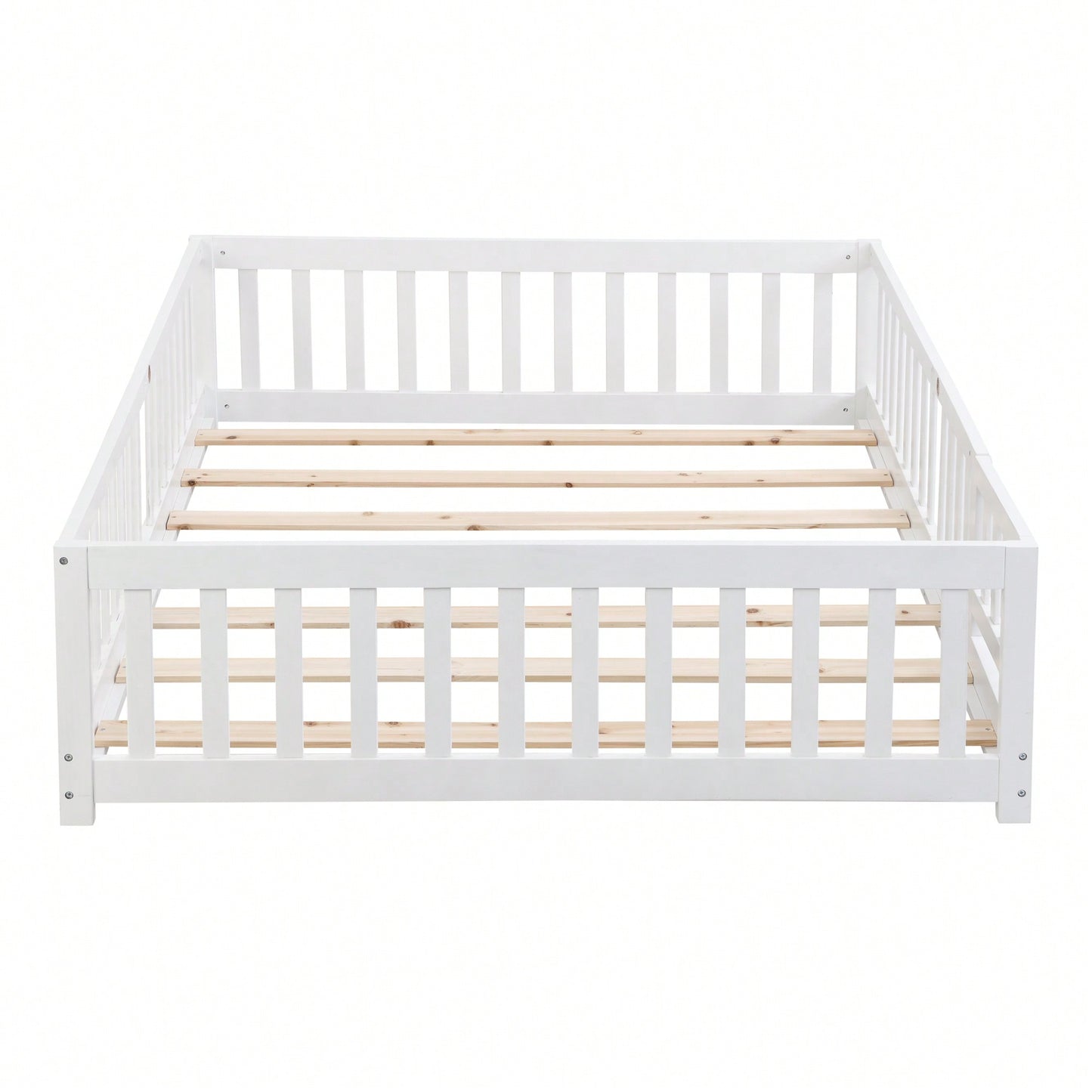 Natural Pine Wood Queen Size Floor Bed With Safety Fence Ideal For Kids