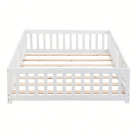 Natural Pine Wood Queen Size Floor Bed With Safety Fence Ideal For Kids