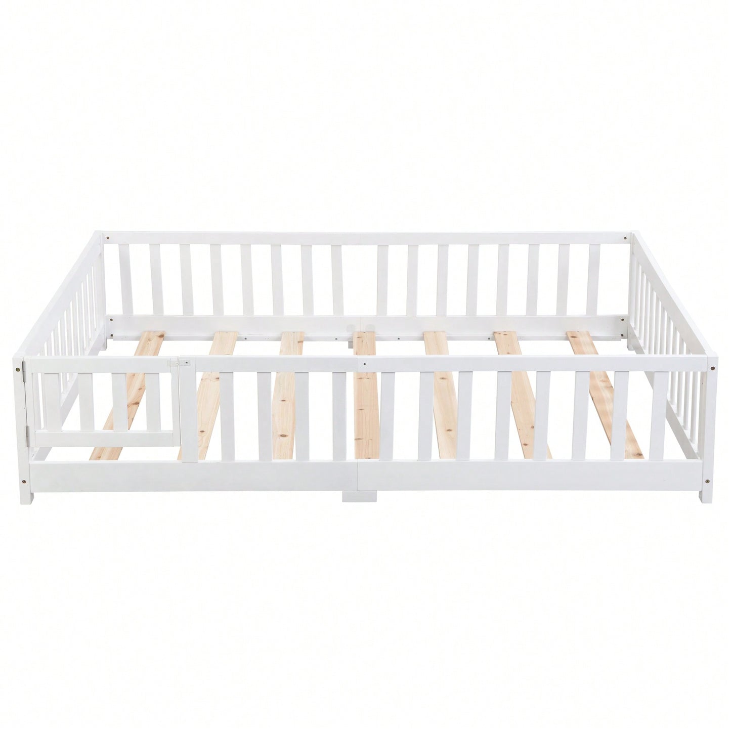 Natural Pine Wood Queen Size Floor Bed With Safety Fence Ideal For Kids