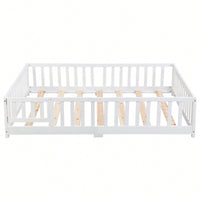 Natural Pine Wood Queen Size Floor Bed With Safety Fence Ideal For Kids