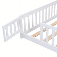 Natural Pine Wood Queen Size Floor Bed With Safety Fence Ideal For Kids