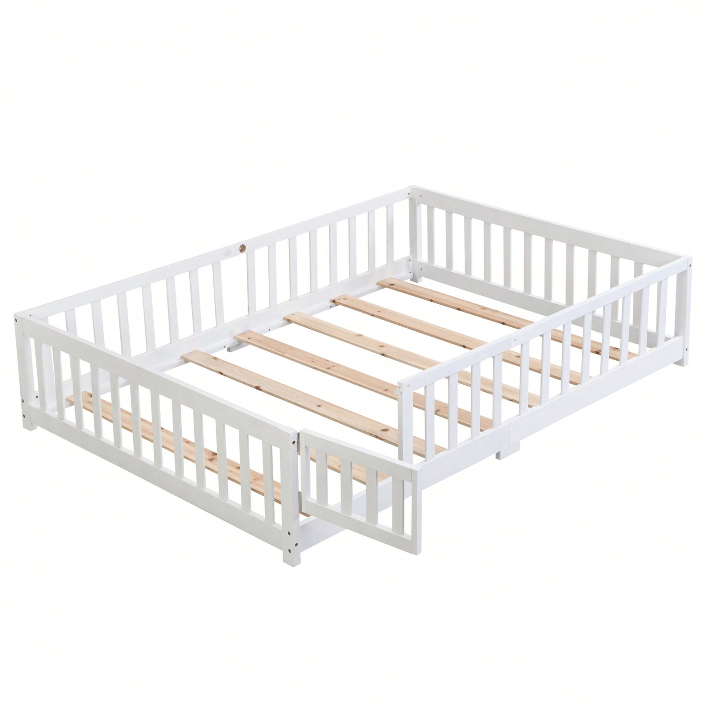 Natural Pine Wood Queen Size Floor Bed With Safety Fence Ideal For Kids