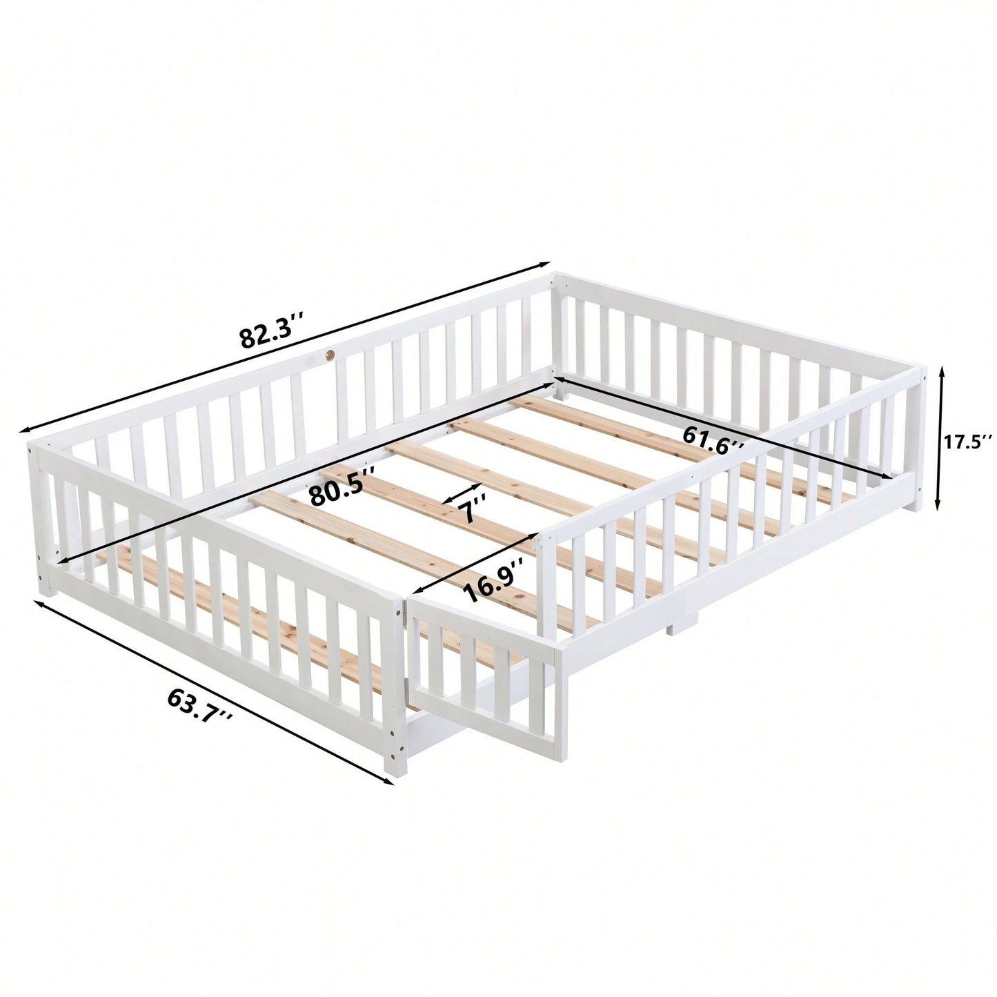 Natural Pine Wood Queen Size Floor Bed With Safety Fence Ideal For Kids