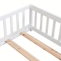 Natural Pine Wood Queen Size Floor Bed With Safety Fence Ideal For Kids