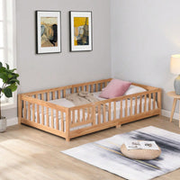 Natural Pine Wood Queen Size Floor Bed With Safety Fence Ideal For Kids