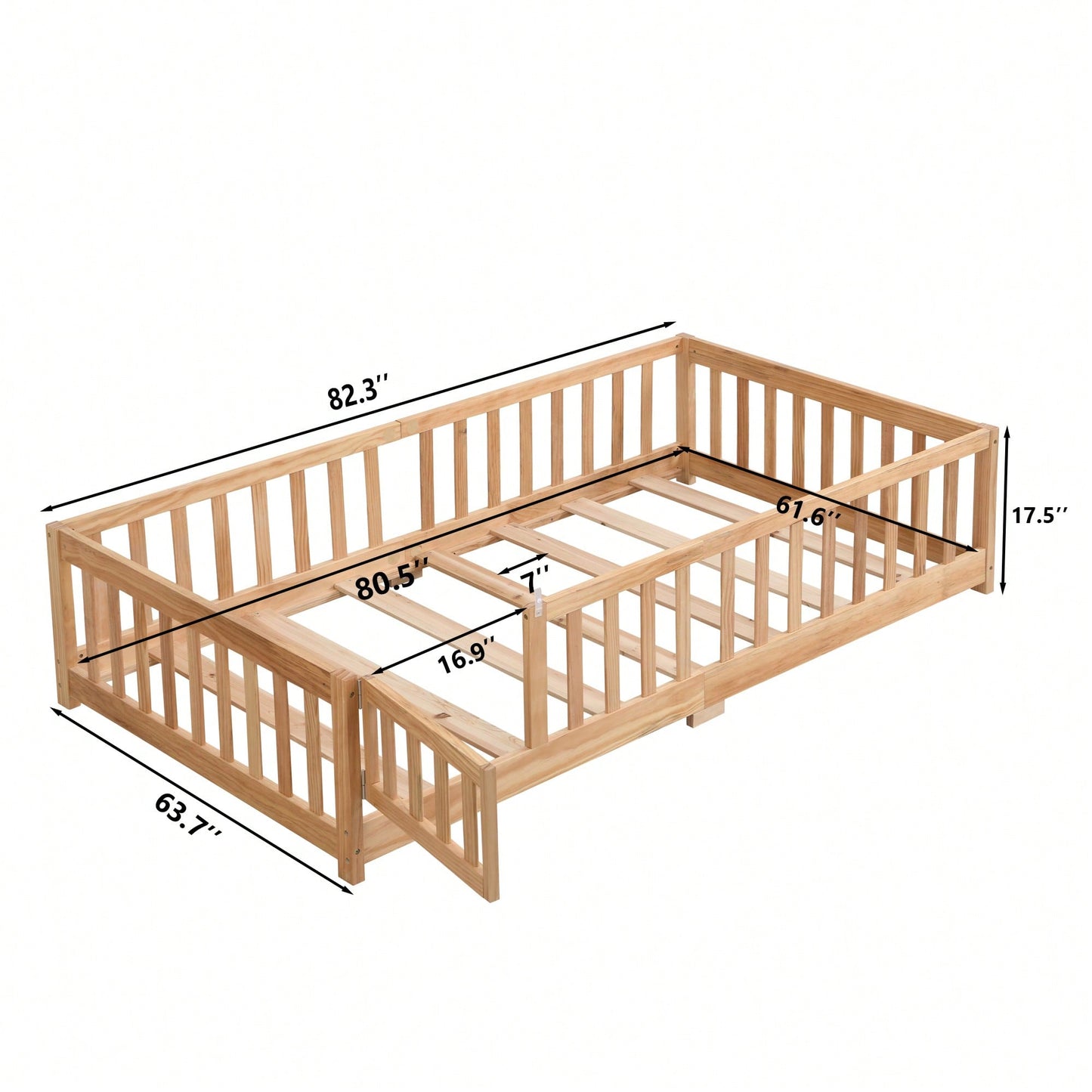 Natural Pine Wood Queen Size Floor Bed With Safety Fence Ideal For Kids