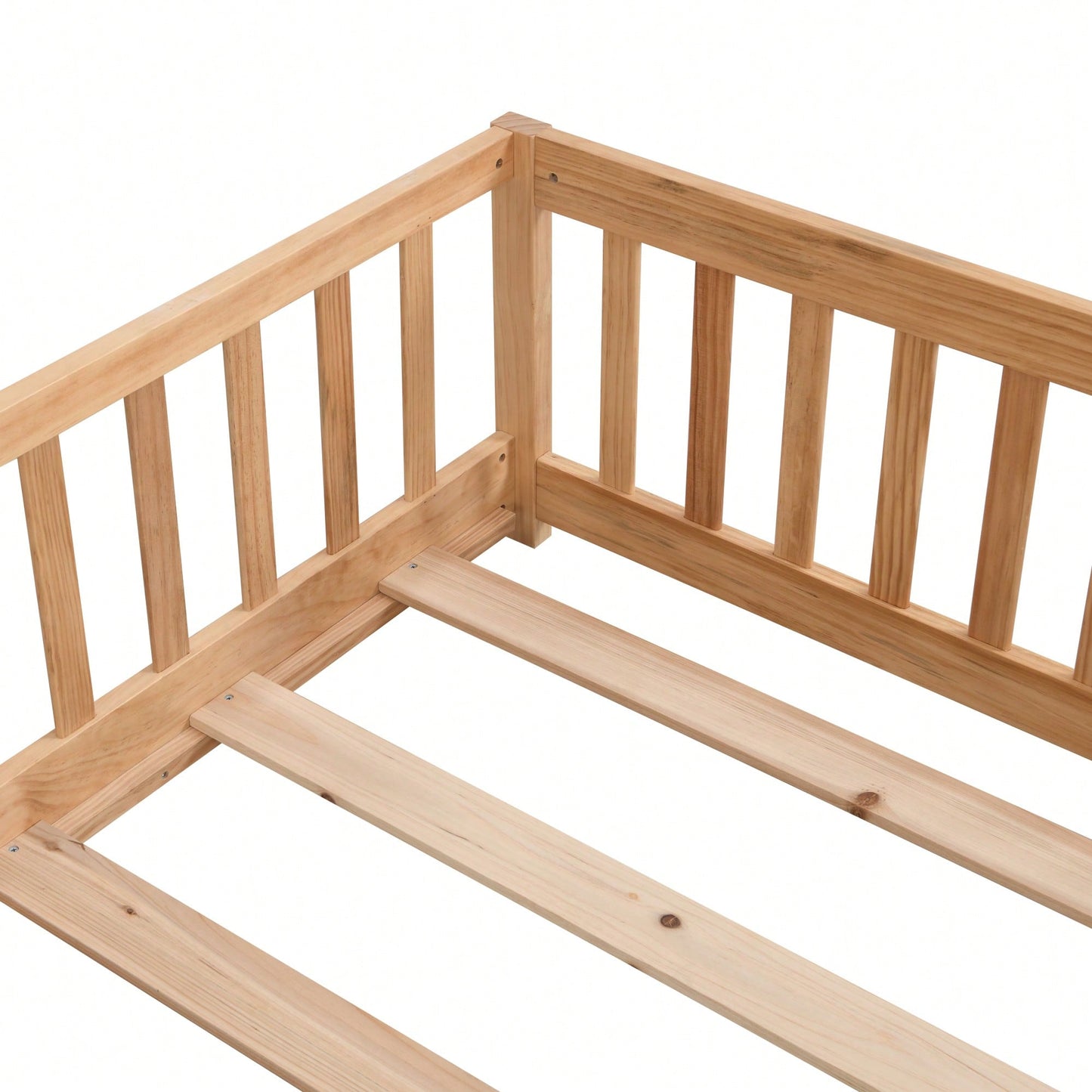 Natural Pine Wood Queen Size Floor Bed With Safety Fence Ideal For Kids