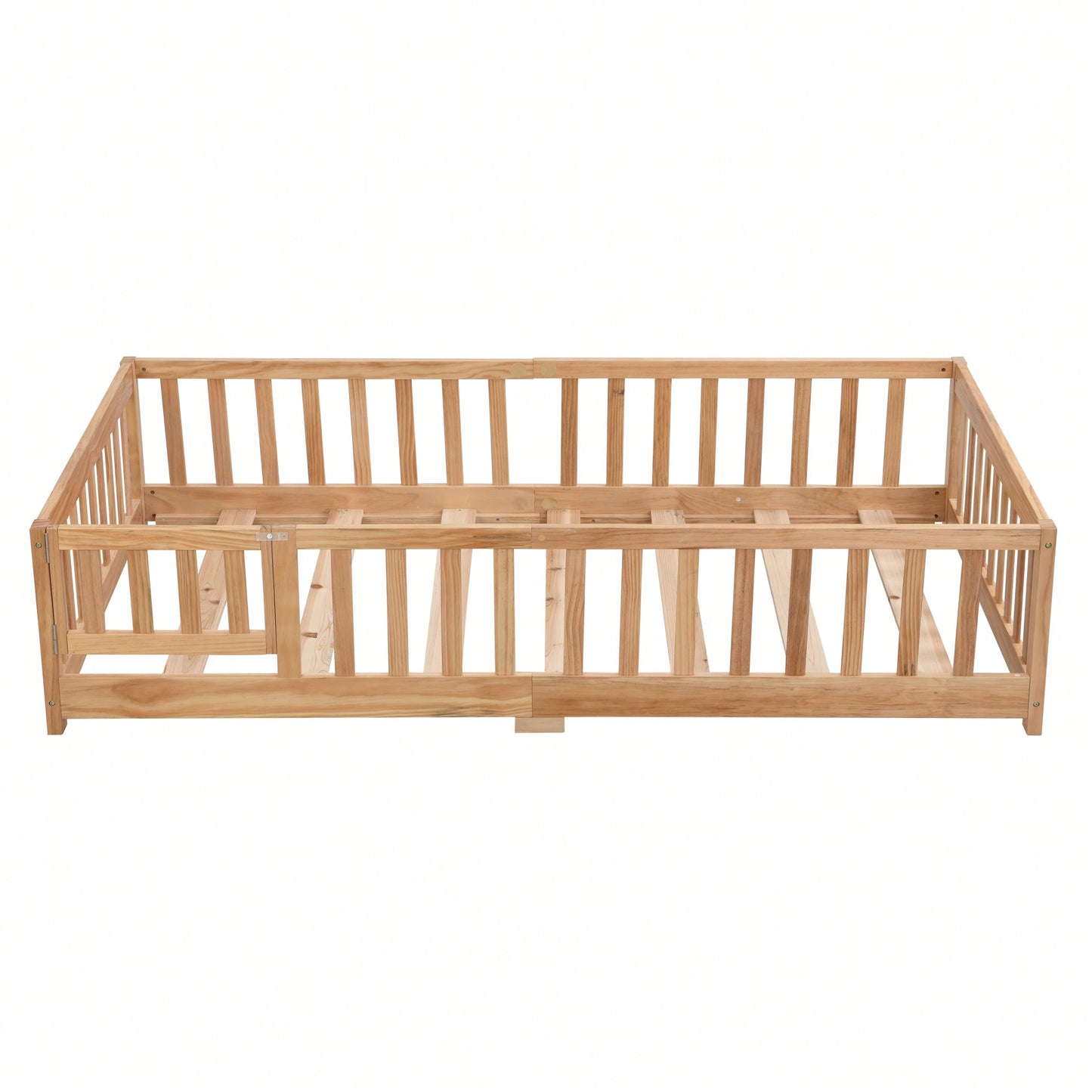 Natural Pine Wood Queen Size Floor Bed With Safety Fence Ideal For Kids