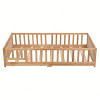 Natural Pine Wood Queen Size Floor Bed With Safety Fence Ideal For Kids