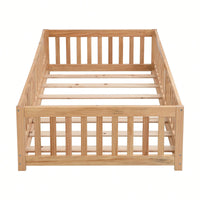 Natural Pine Wood Queen Size Floor Bed With Safety Fence Ideal For Kids