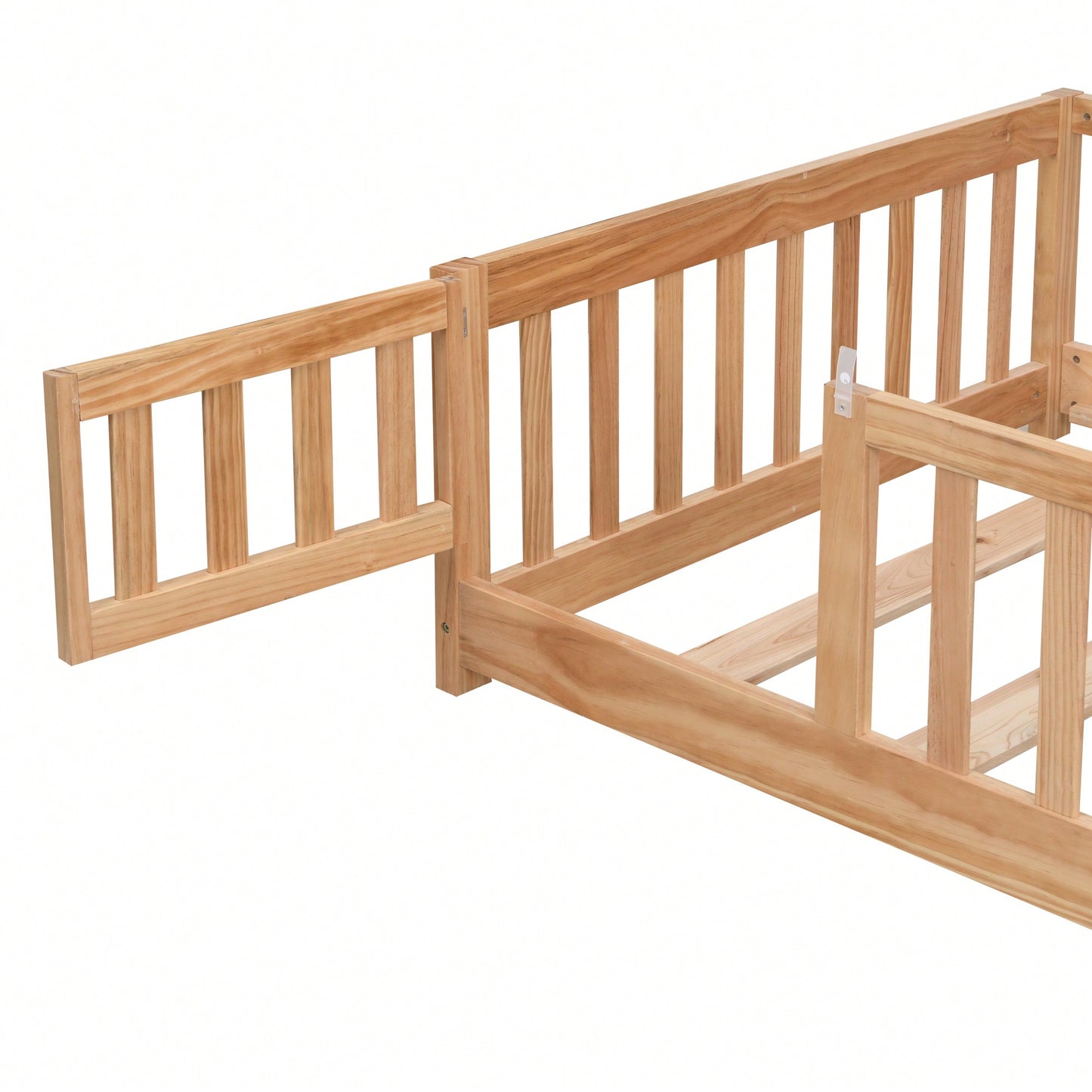 Natural Pine Wood Queen Size Floor Bed With Safety Fence Ideal For Kids