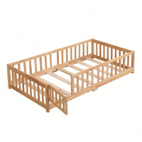 Natural Pine Wood Queen Size Floor Bed With Safety Fence Ideal For Kids