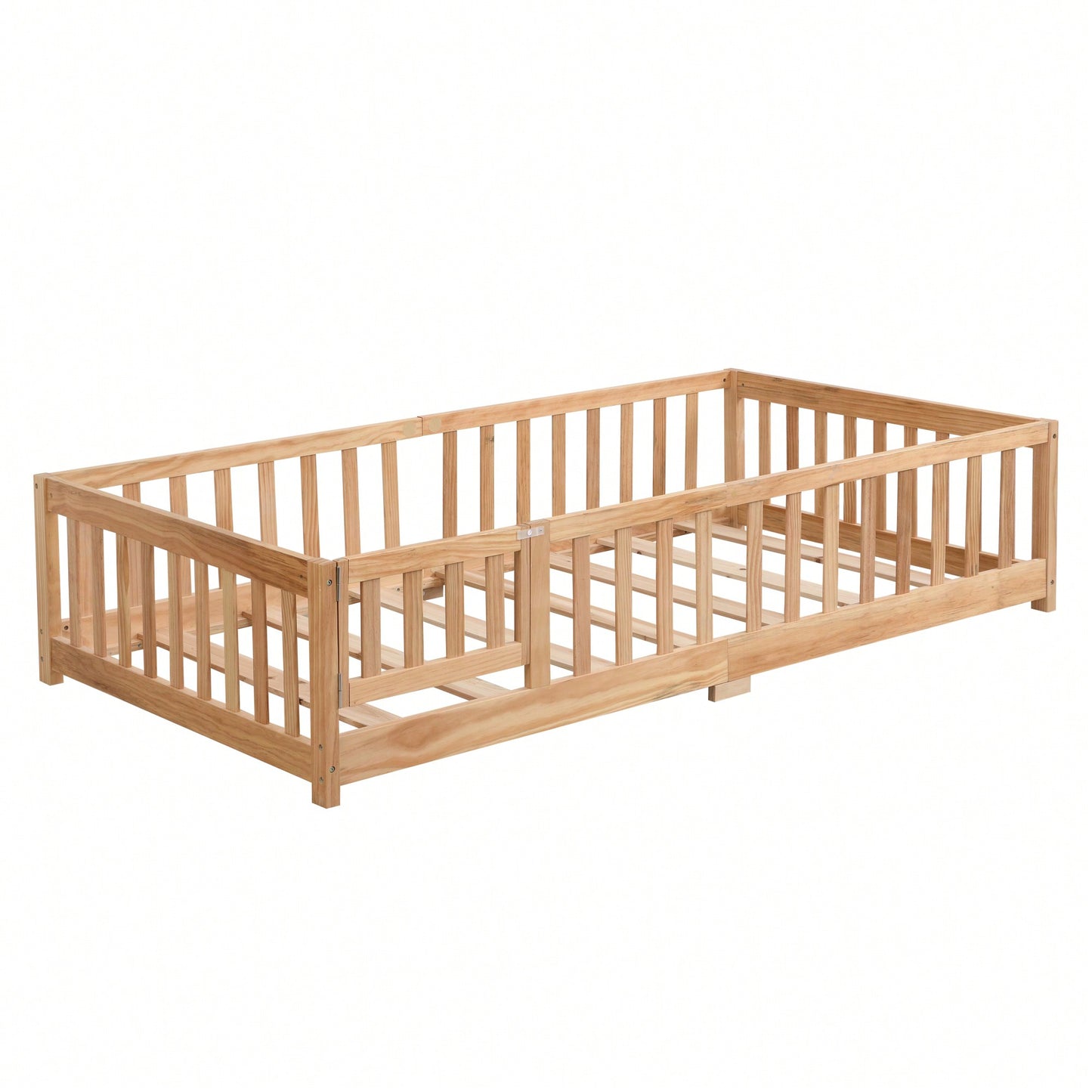 Natural Pine Wood Queen Size Floor Bed With Safety Fence Ideal For Kids