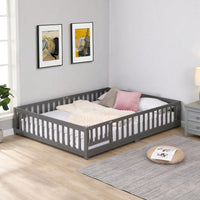 Natural Pine Wood Queen Size Floor Bed With Safety Fence Ideal For Kids