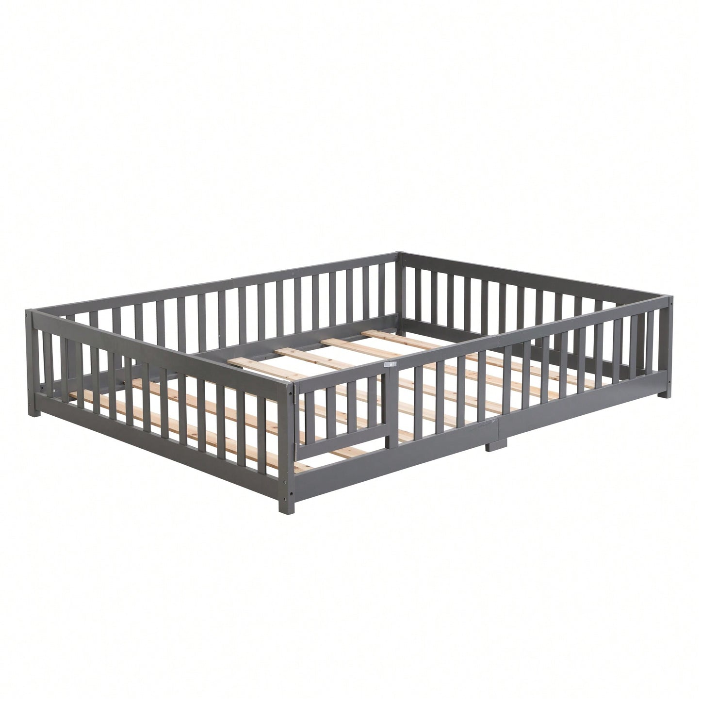 Natural Pine Wood Queen Size Floor Bed With Safety Fence Ideal For Kids