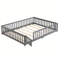 Natural Pine Wood Queen Size Floor Bed With Safety Fence Ideal For Kids