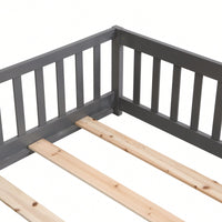 Natural Pine Wood Queen Size Floor Bed With Safety Fence Ideal For Kids