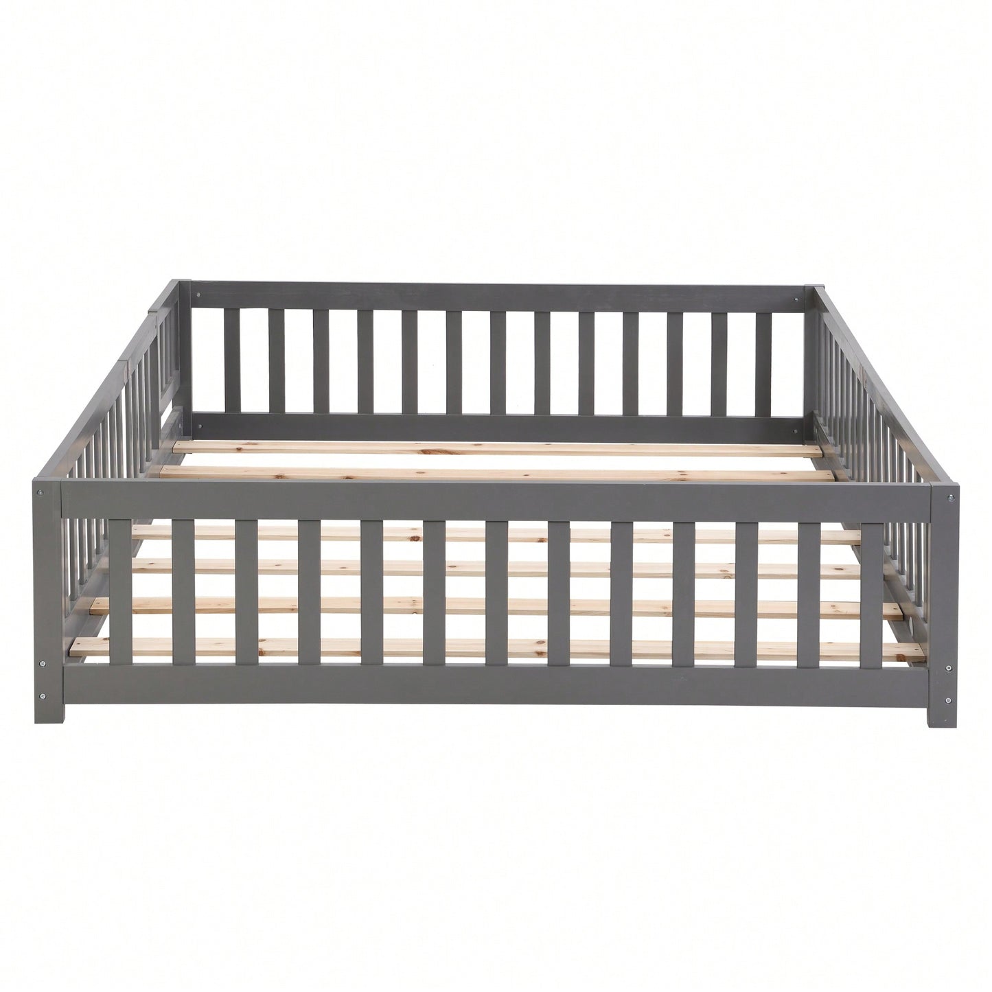 Natural Pine Wood Queen Size Floor Bed With Safety Fence Ideal For Kids