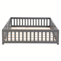 Natural Pine Wood Queen Size Floor Bed With Safety Fence Ideal For Kids