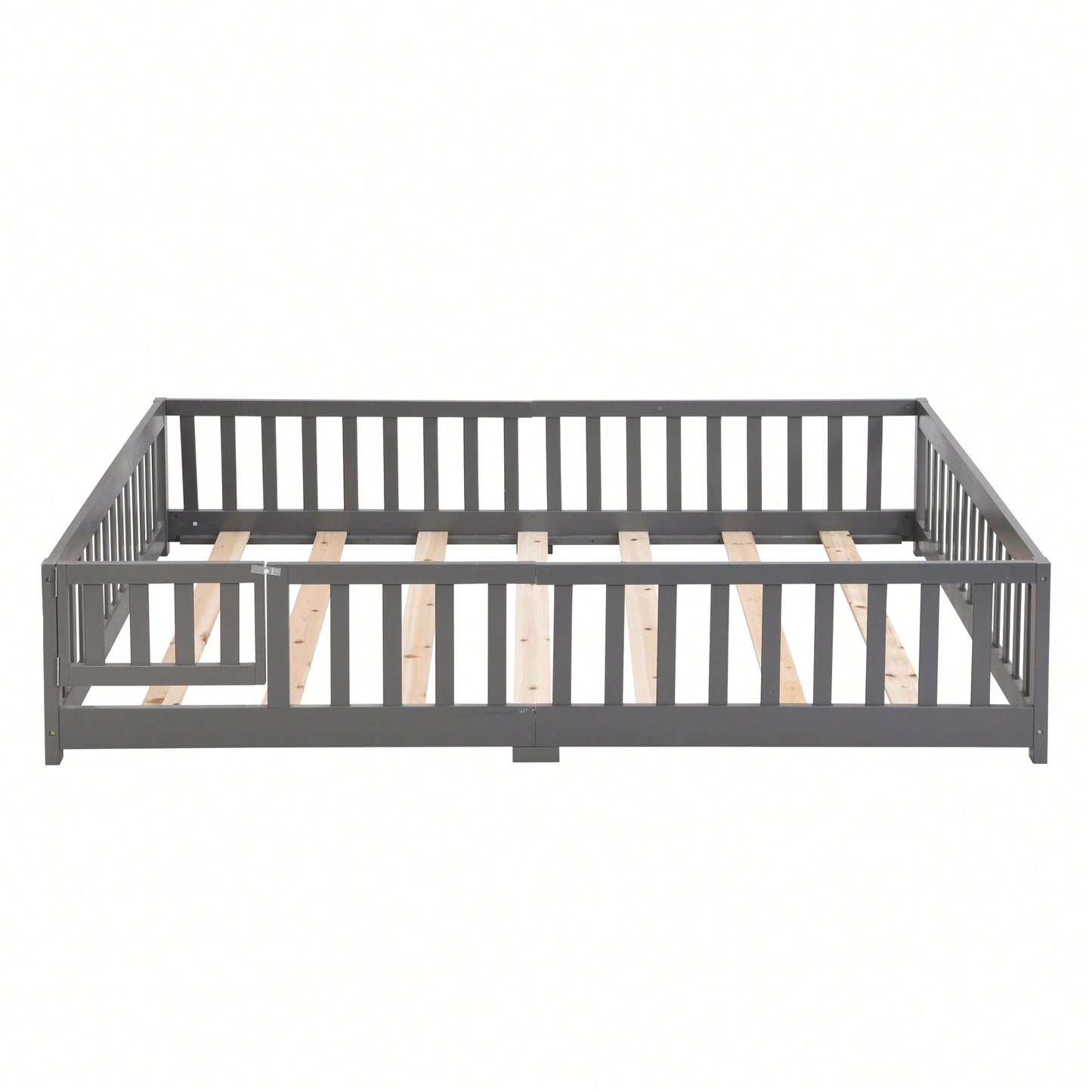 Natural Pine Wood Queen Size Floor Bed With Safety Fence Ideal For Kids