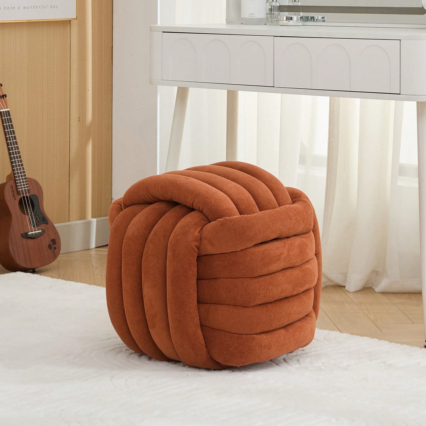 Stylish Green Chenille Fabric Knot Design Ottoman Makeup Stool For Living Room And Bedroom Comfort