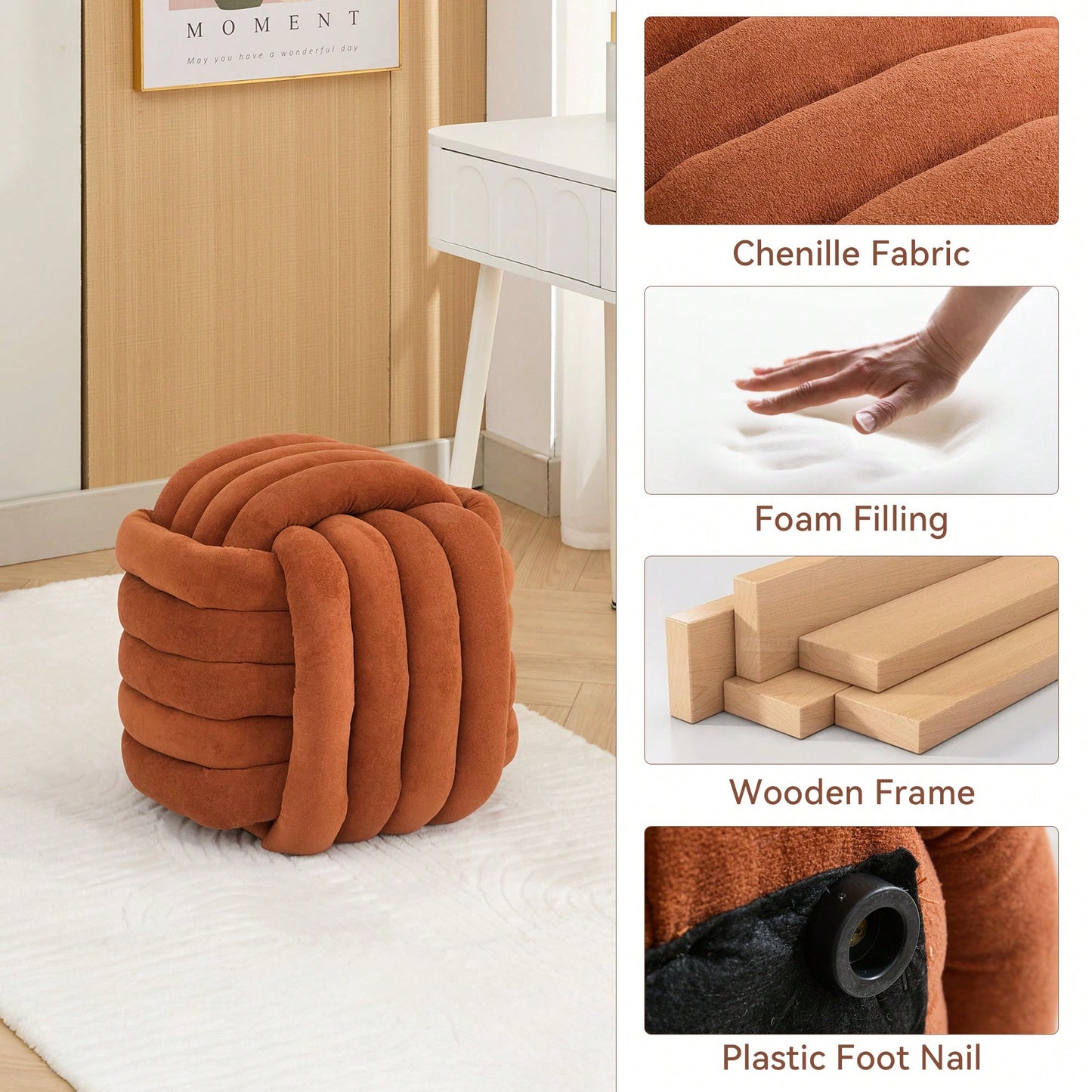 Stylish Green Chenille Fabric Knot Design Ottoman Makeup Stool For Living Room And Bedroom Comfort