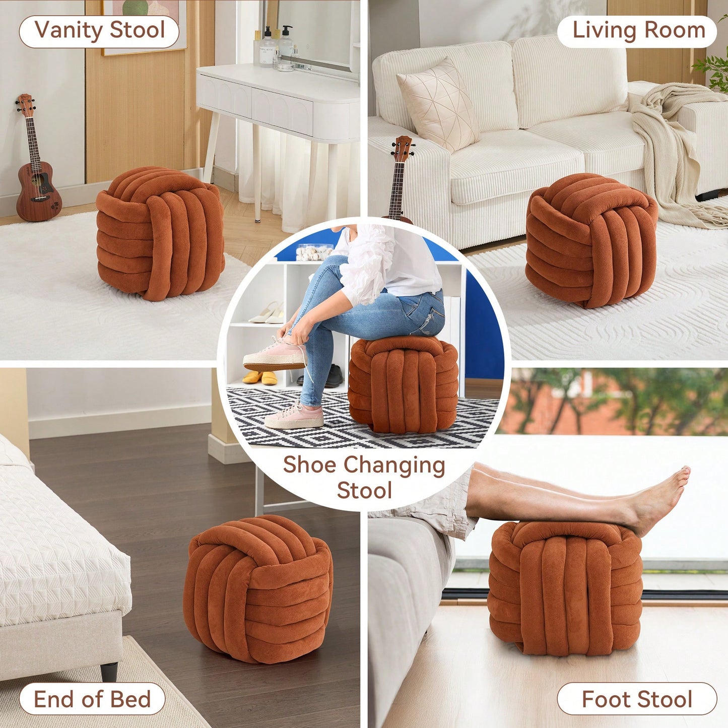 Stylish Green Chenille Fabric Knot Design Ottoman Makeup Stool For Living Room And Bedroom Comfort