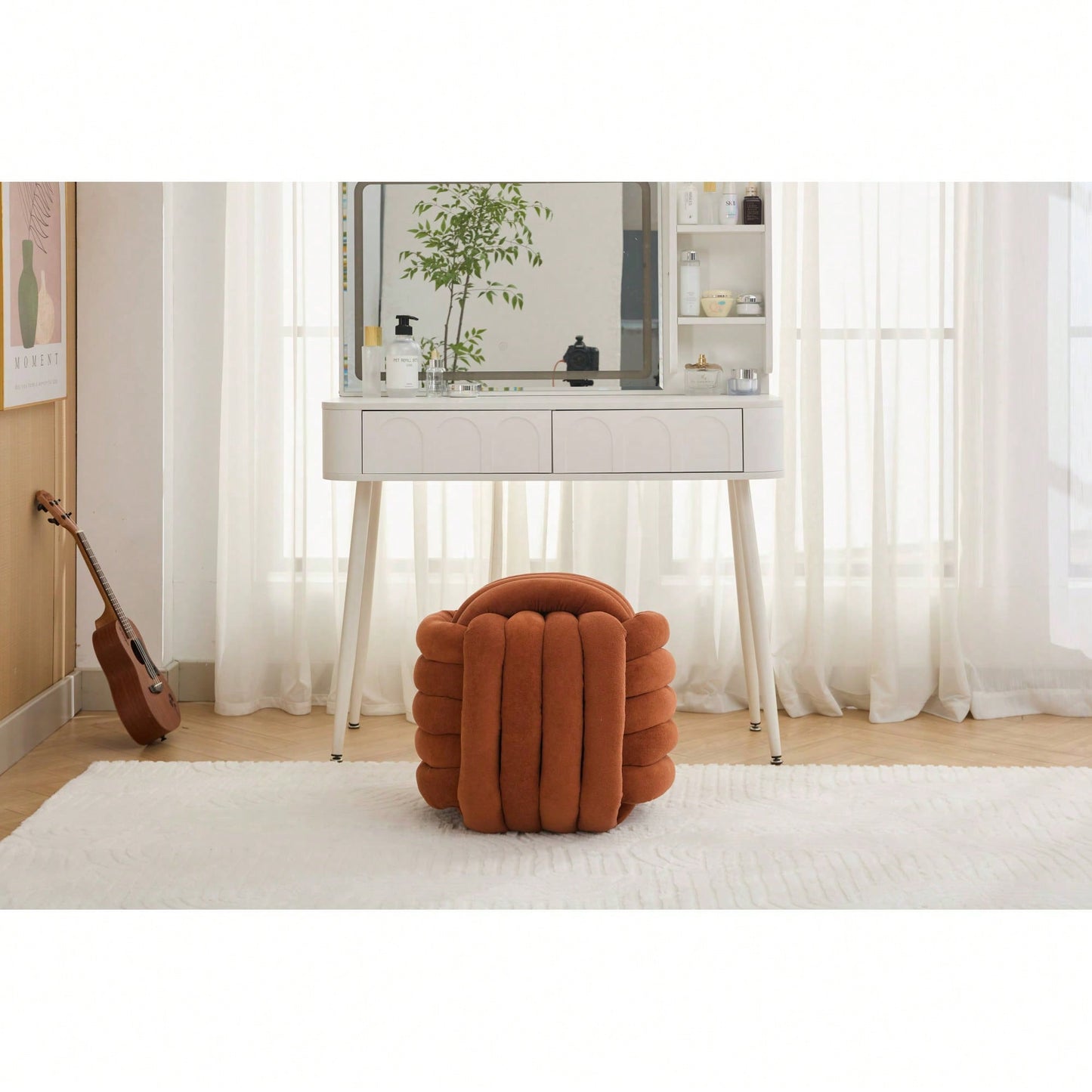 Stylish Green Chenille Fabric Knot Design Ottoman Makeup Stool For Living Room And Bedroom Comfort