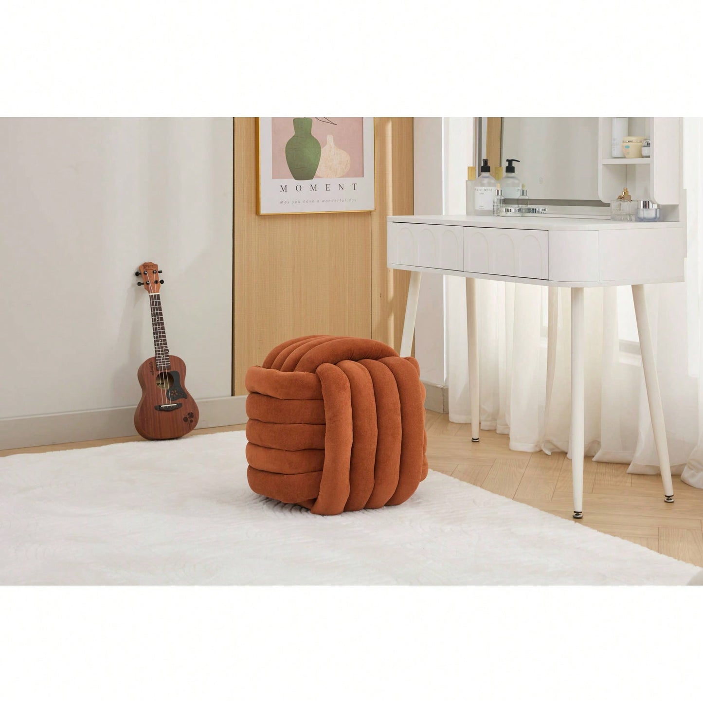 Stylish Green Chenille Fabric Knot Design Ottoman Makeup Stool For Living Room And Bedroom Comfort