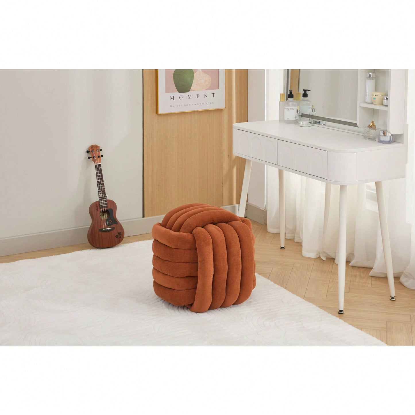 Stylish Green Chenille Fabric Knot Design Ottoman Makeup Stool For Living Room And Bedroom Comfort