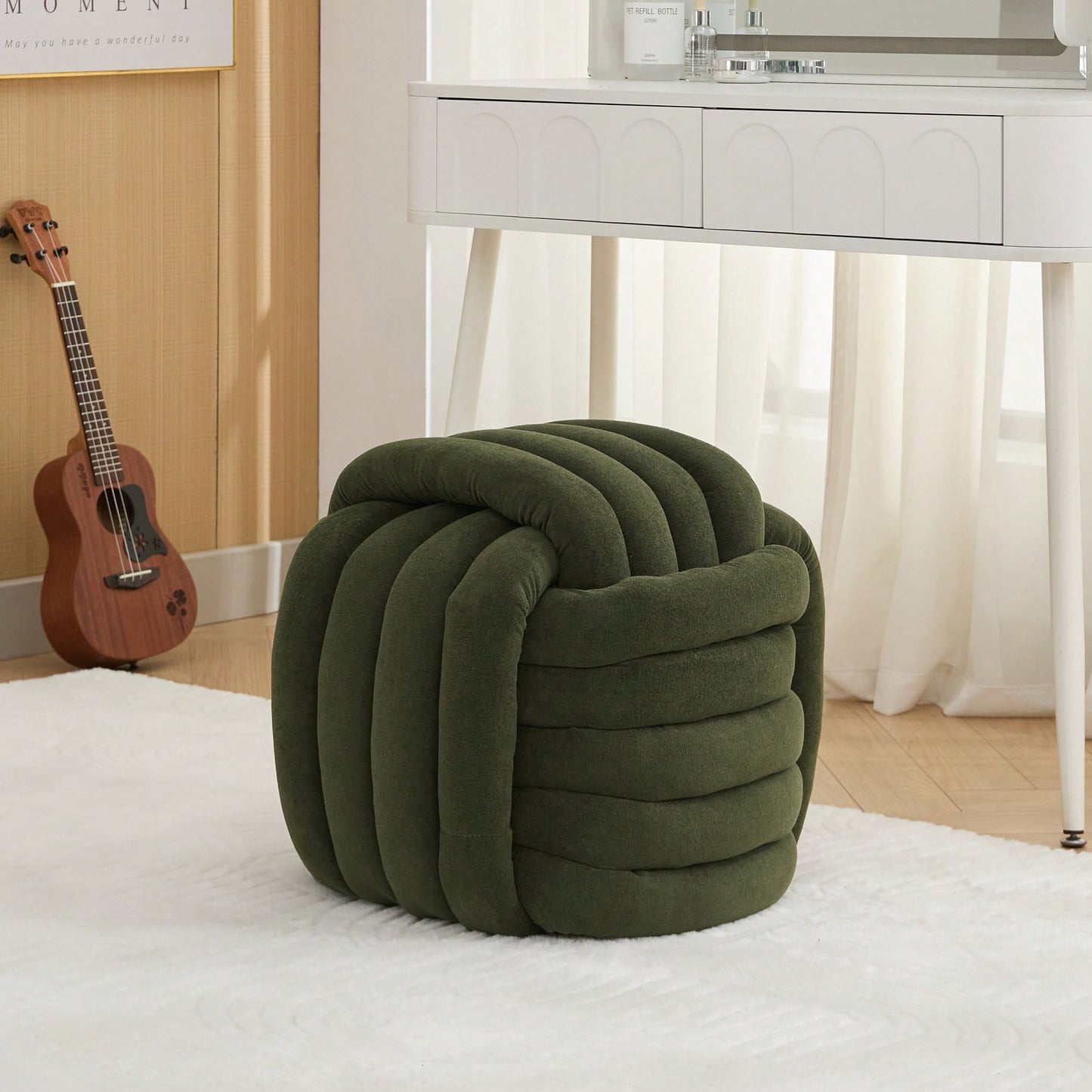 Stylish Green Chenille Fabric Knot Design Ottoman Makeup Stool For Living Room And Bedroom Comfort