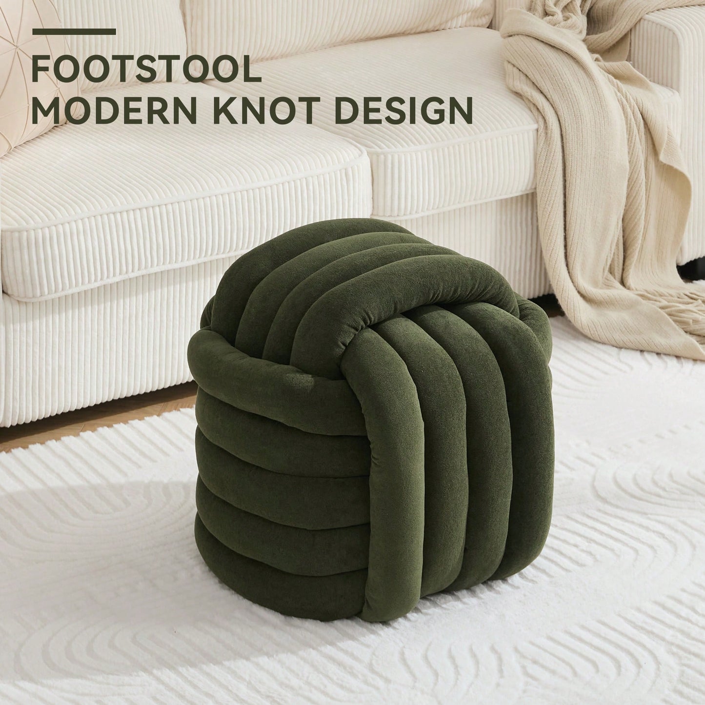 Stylish Green Chenille Fabric Knot Design Ottoman Makeup Stool For Living Room And Bedroom Comfort