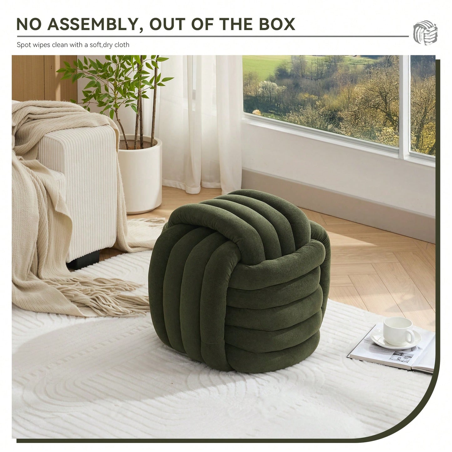 Stylish Green Chenille Fabric Knot Design Ottoman Makeup Stool For Living Room And Bedroom Comfort