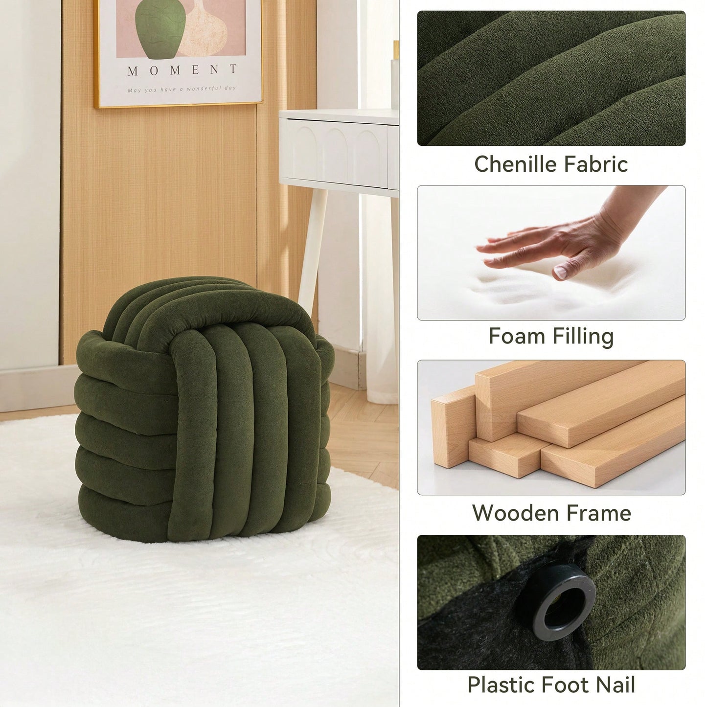 Stylish Green Chenille Fabric Knot Design Ottoman Makeup Stool For Living Room And Bedroom Comfort