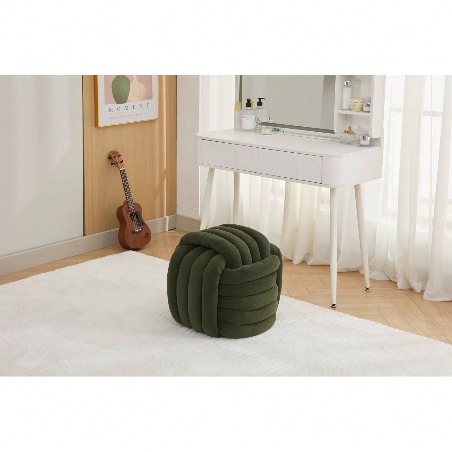 Stylish Green Chenille Fabric Knot Design Ottoman Makeup Stool For Living Room And Bedroom Comfort