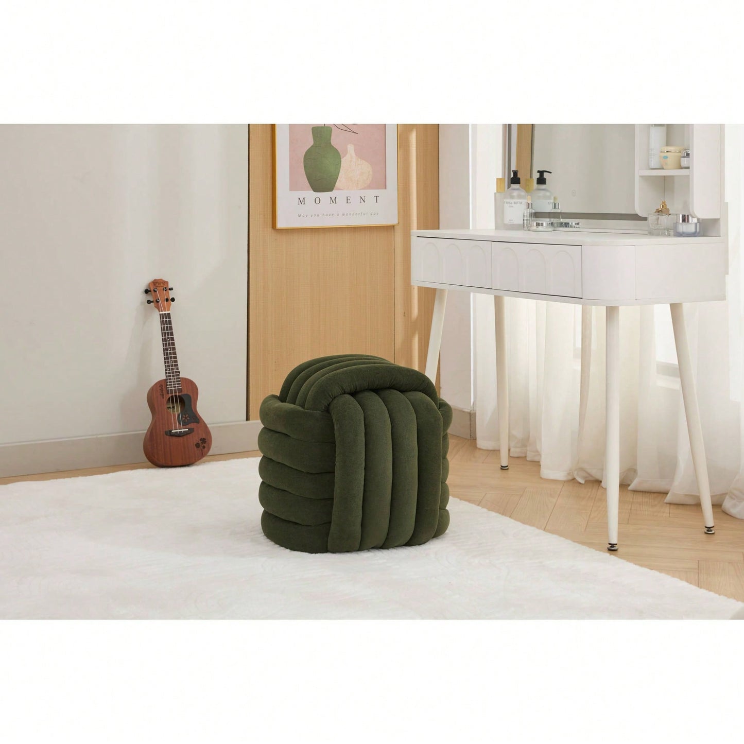 Stylish Green Chenille Fabric Knot Design Ottoman Makeup Stool For Living Room And Bedroom Comfort