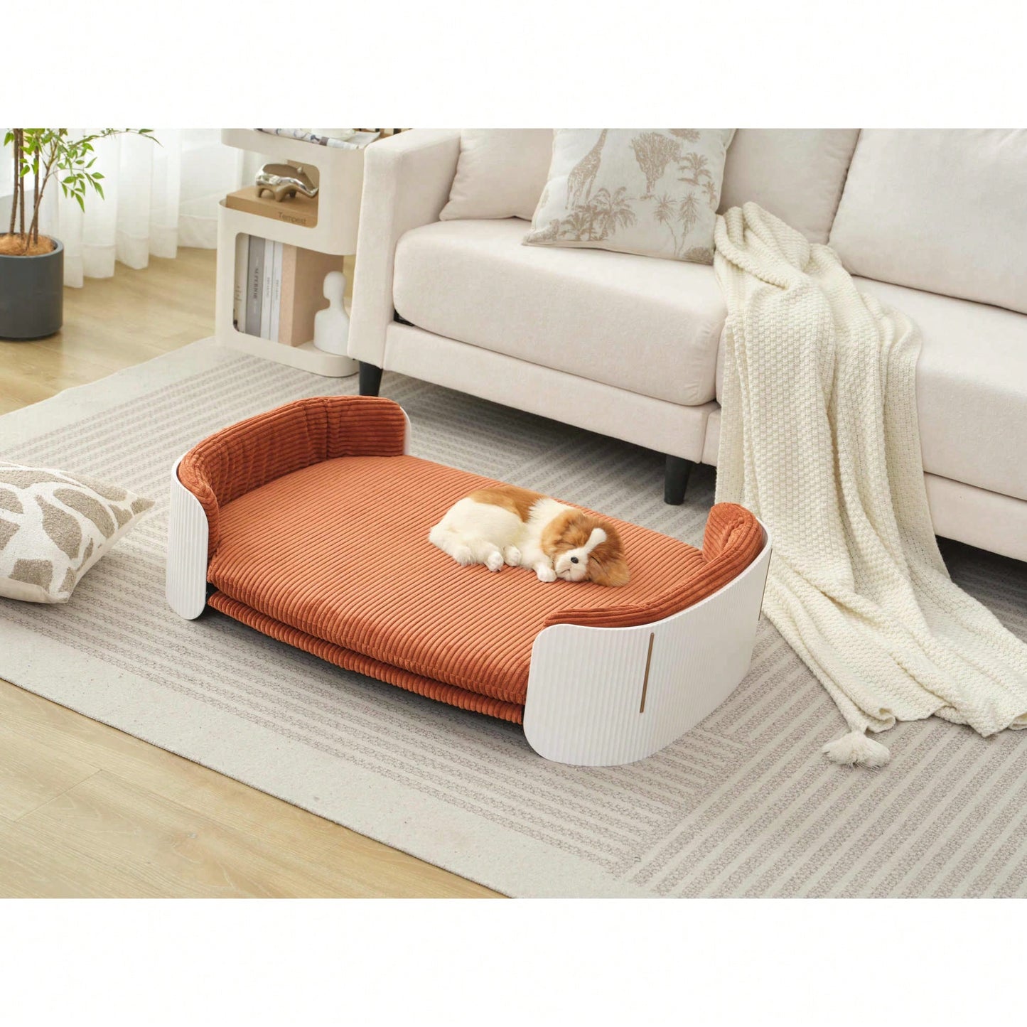 Scandinavian Style Elevated Cat Sofa Bed With Removable Mattress Cover For Indoor Cats And Large Pets In White And Brown