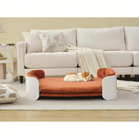 Scandinavian Style Elevated Cat Sofa Bed With Removable Mattress Cover For Indoor Cats And Large Pets In White And Brown