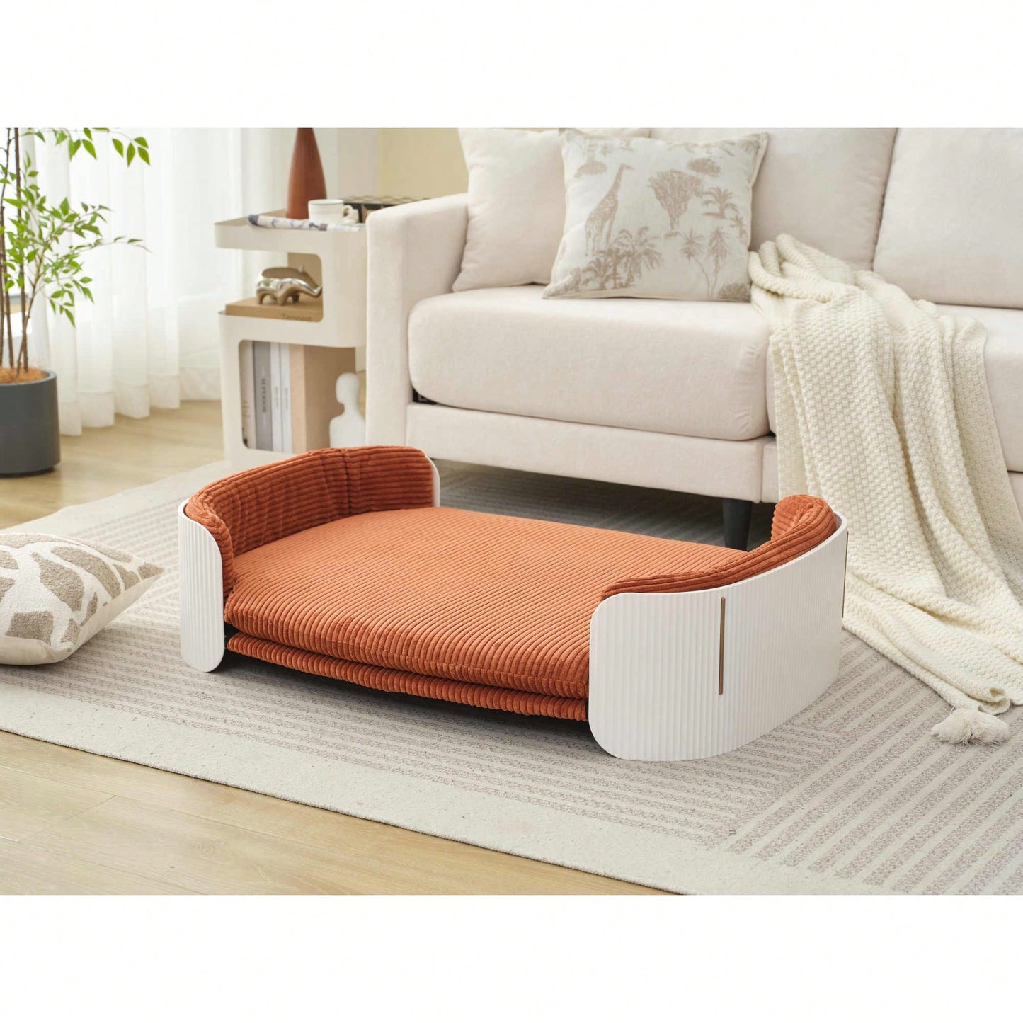 Scandinavian Style Elevated Cat Sofa Bed With Removable Mattress Cover For Indoor Cats And Large Pets In White And Brown