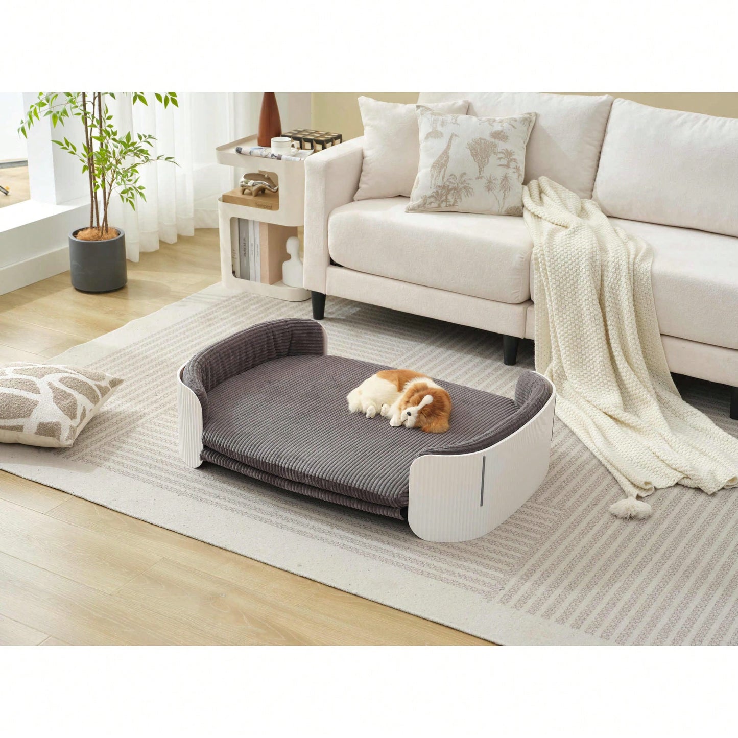 Scandinavian Style Elevated Cat Sofa Bed With Removable Mattress Cover For Indoor Cats And Large Pets In White And Brown