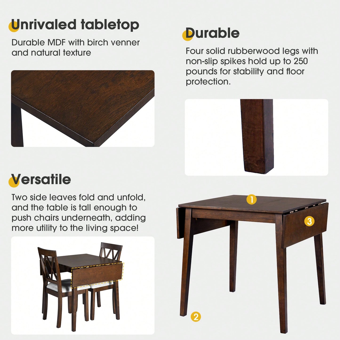 Extendable 29 To 45 Inch Dining Table For 4 With Rubberwood Legs Space-Saving Folding Kitchen Table For Small Spaces Living,Dining Room