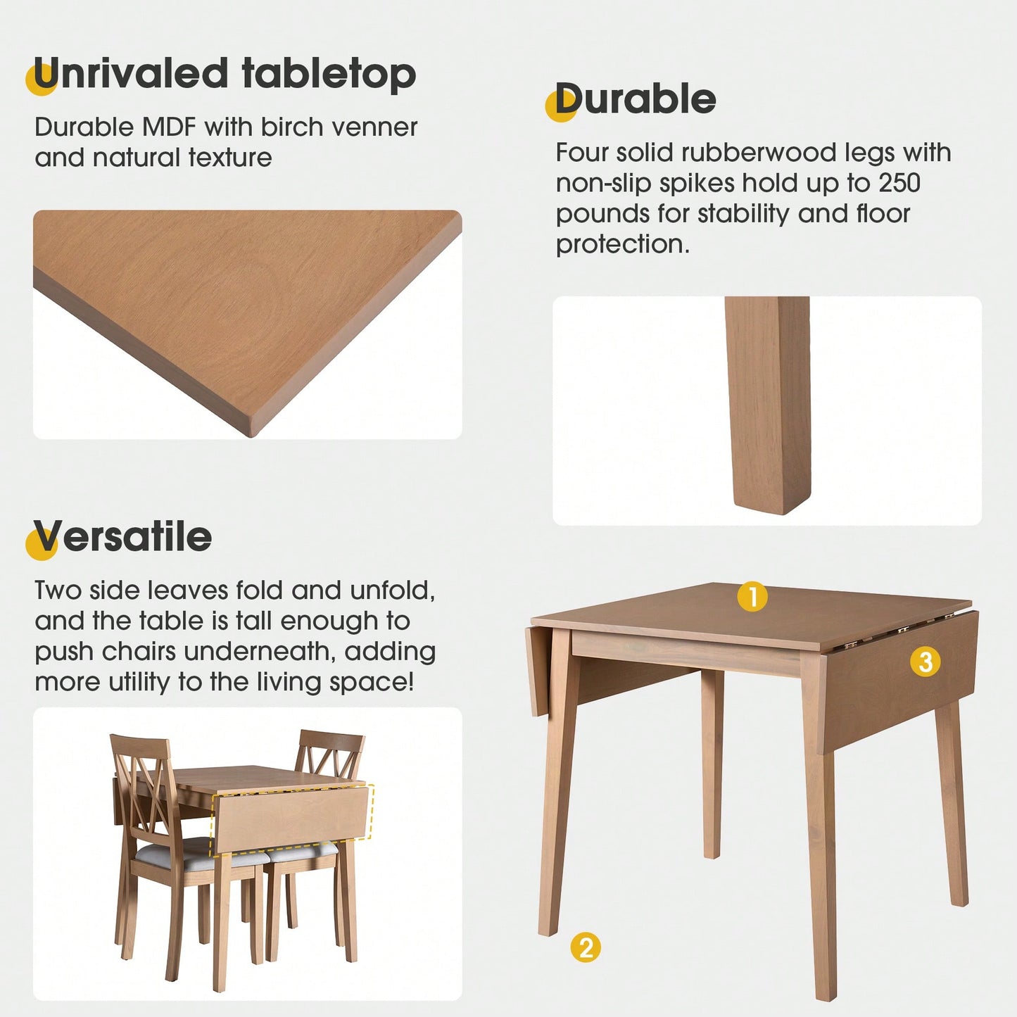 Extendable 29 To 45 Inch Dining Table For 4 With Rubberwood Legs Space-Saving Folding Kitchen Table For Small Spaces Living,Dining Room