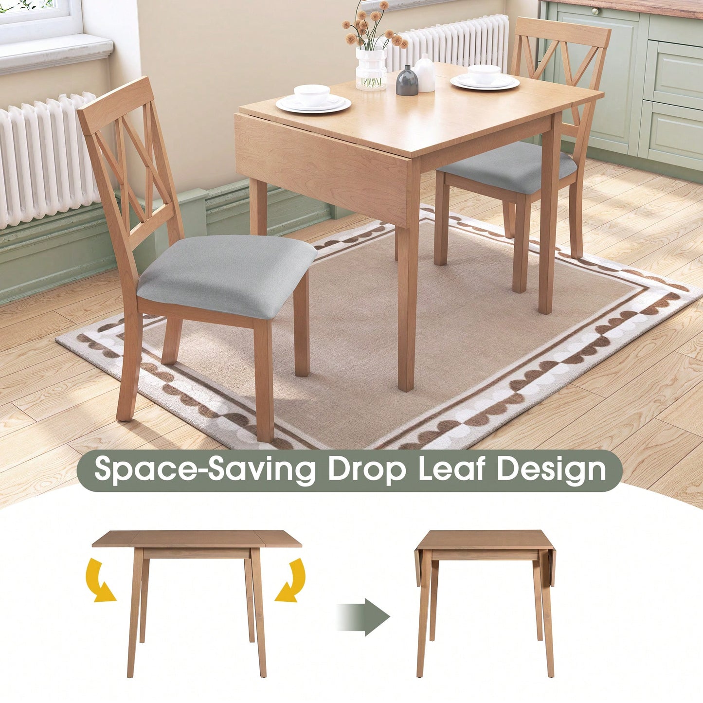Extendable 29 To 45 Inch Dining Table For 4 With Rubberwood Legs Space-Saving Folding Kitchen Table For Small Spaces Living,Dining Room