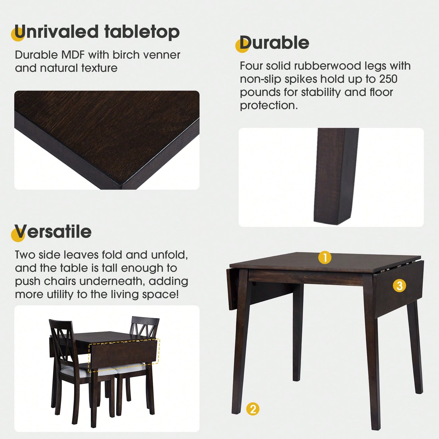 Extendable 29 To 45 Inch Dining Table For 4 With Rubberwood Legs Space-Saving Folding Kitchen Table For Small Spaces Living,Dining Room